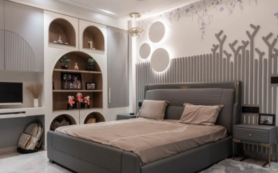 Kamar tidur dengan suasana berwarna abu-abu.