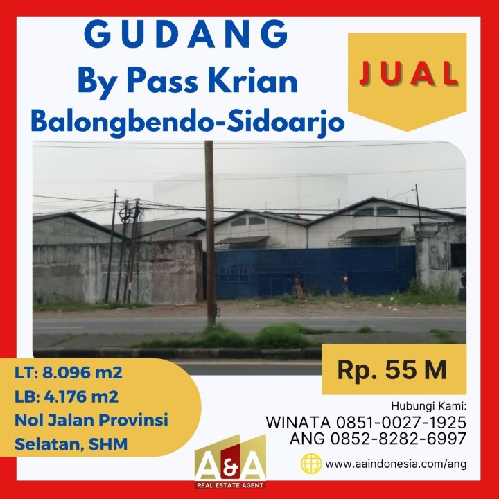 Jual & Sewa Gudang Murah Strategis di Raya Krian Balongbendo Sidoarjo - Image 1